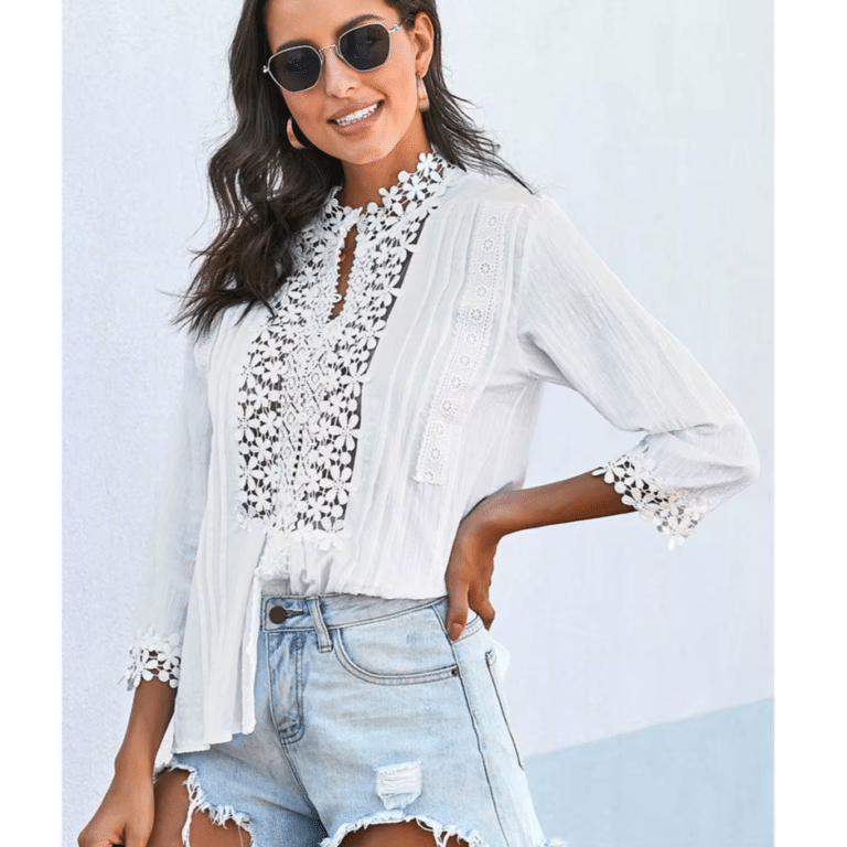 Chemisier femme blanc dentelle florale style western bohème (2)
