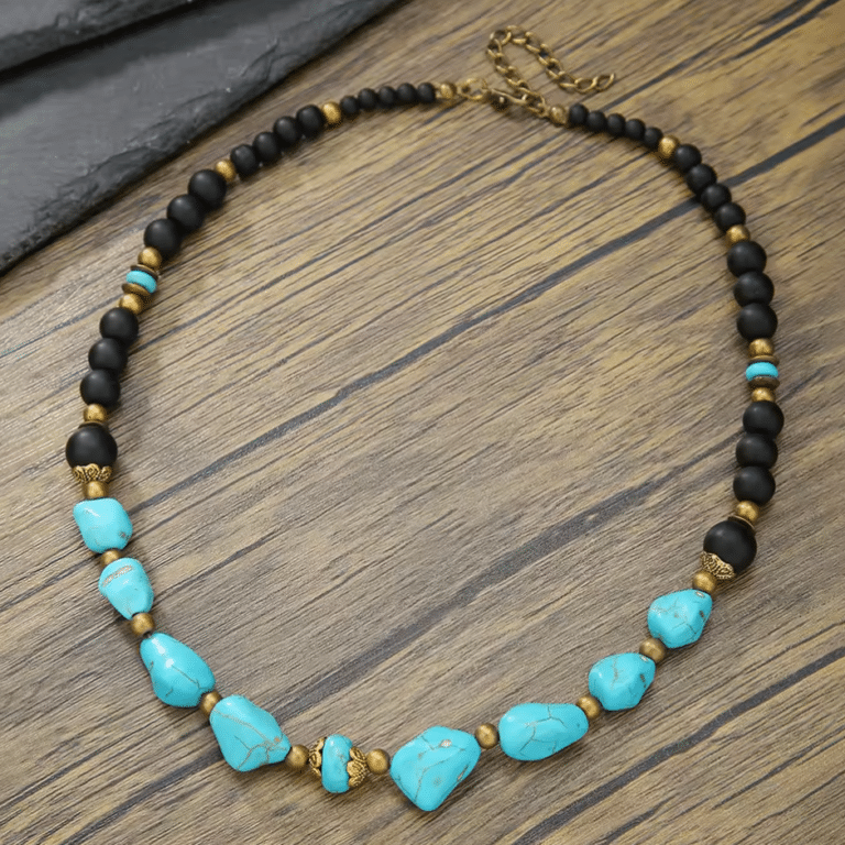 Collier cowboy turquoise et perles noires western bohème (3)