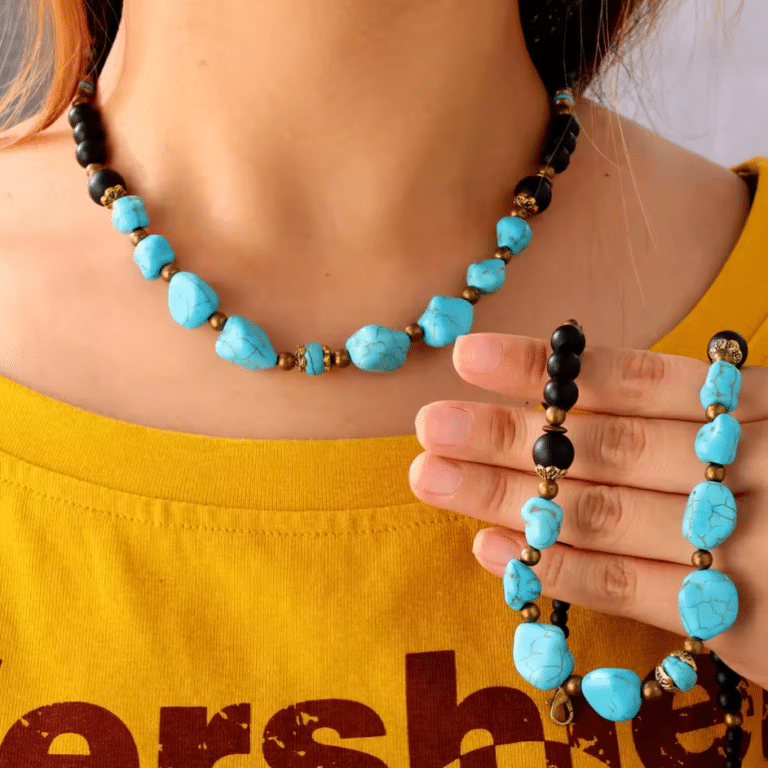 Collier cowboy turquoise et perles noires western bohème (4)