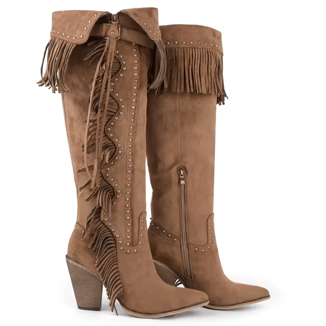 Cuissarde western femme à franges camel style cowboy bohème (2)