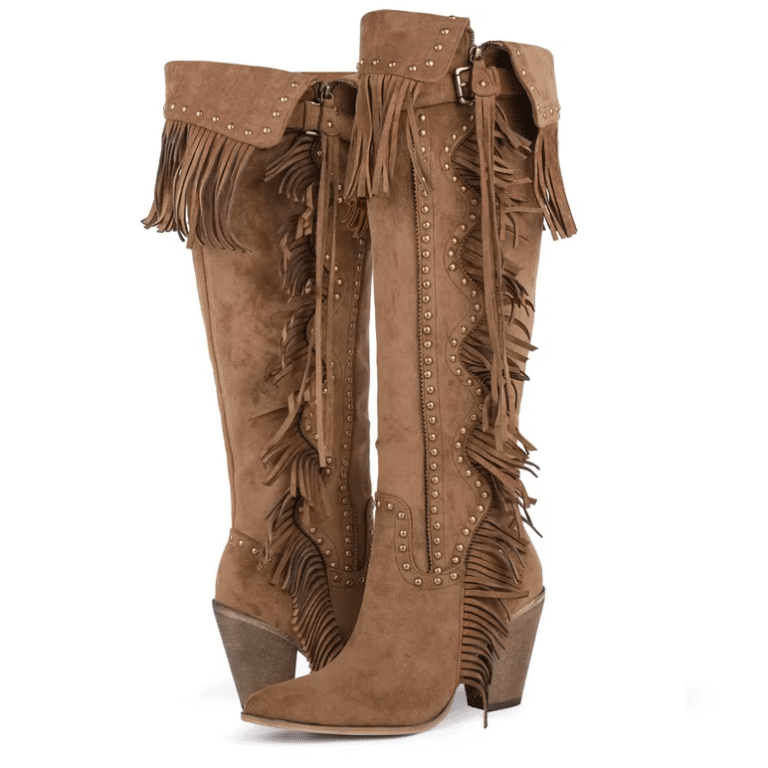 Cuissarde western femme à franges camel style cowboy bohème (4)