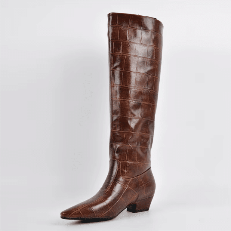 Cuissarde western femme cuir vegan marron effet croco vintage (2)