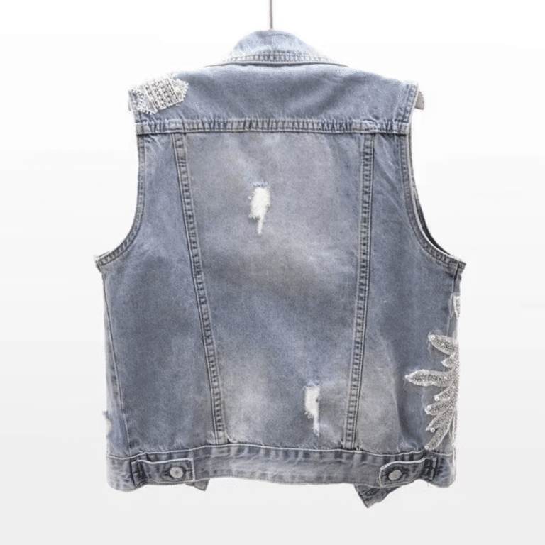Gilet en jean femme à strass motif soleil style western (2)