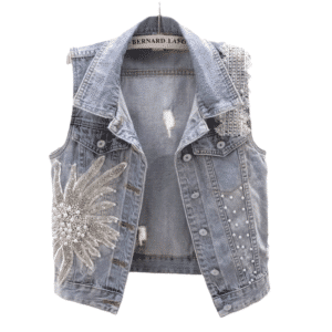 Gilet en jean femme à strass motif soleil style western