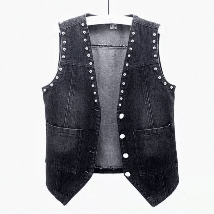 Gilet en jean femme noir à rivets style western vintage