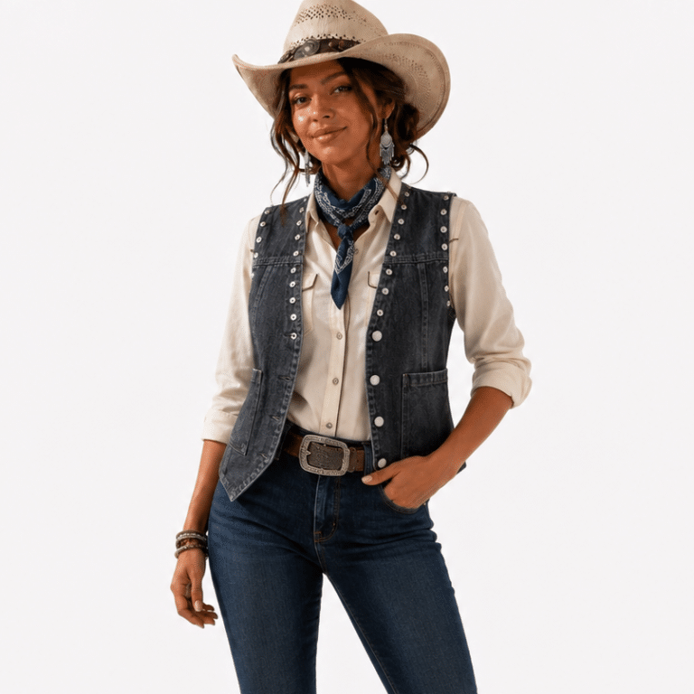 Gilet en jean femme noir à rivets style western vintage (2)