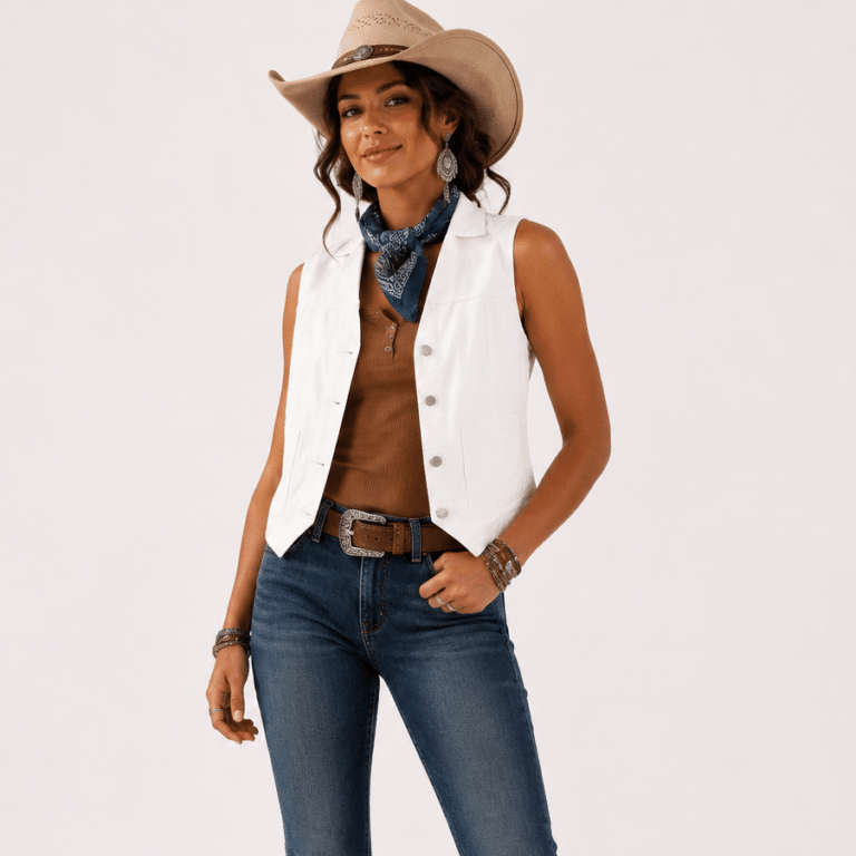 Gilet sans manche femme blanc en jean style western (1)