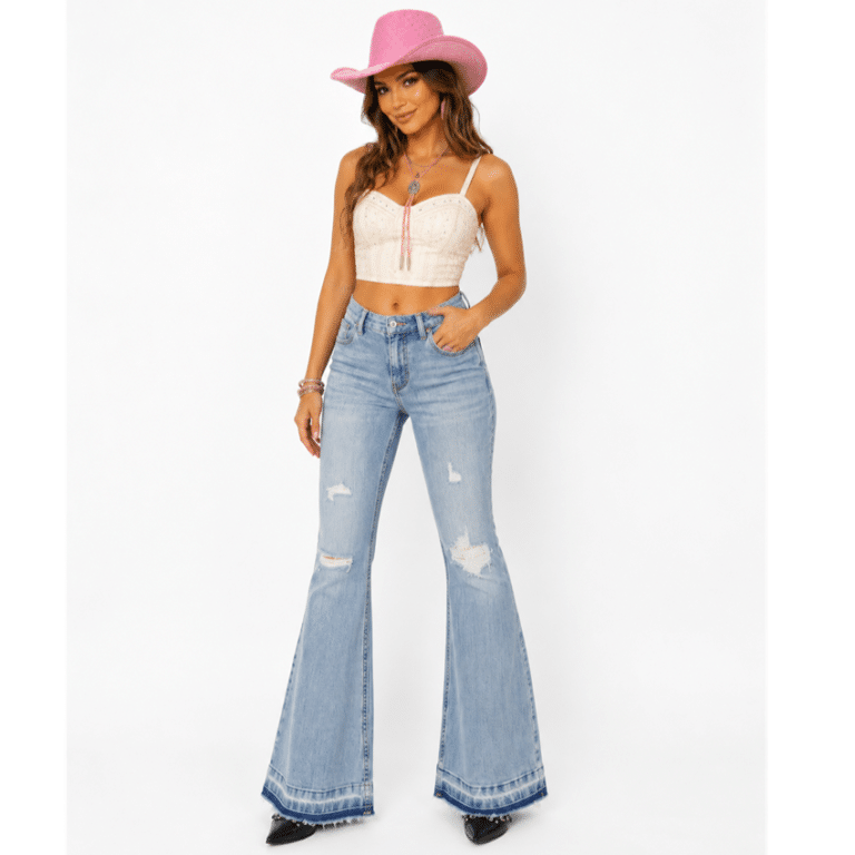 Jean flare femme denim clair déchiré style western vintage (7)