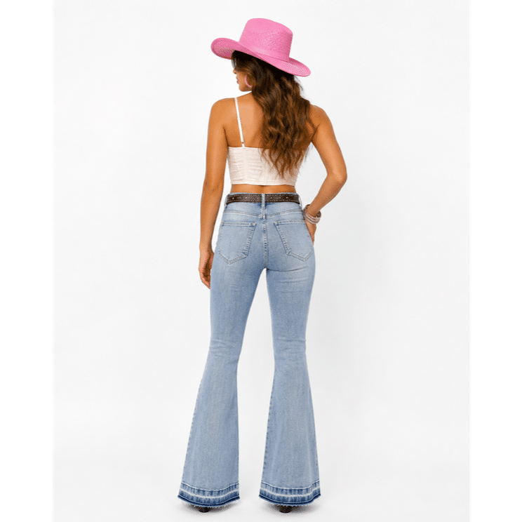 Jean flare femme denim clair déchiré style western vintage (8)
