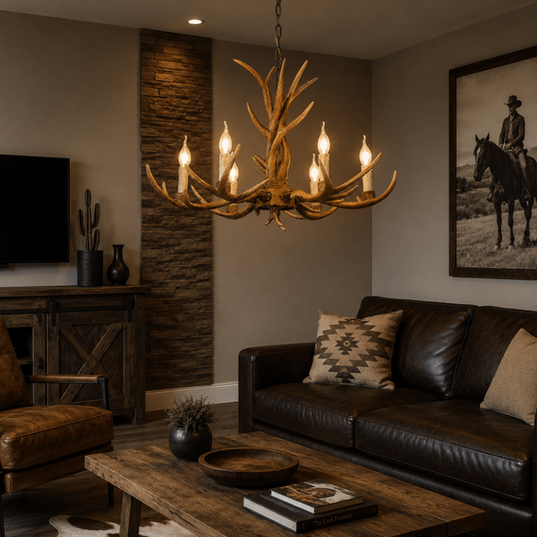 Lustre cowboy style bois de cerf à 6 lumières suspendu (1)