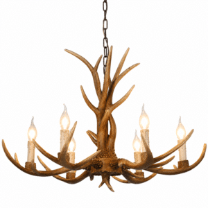 Lustre cowboy style bois de cerf à 6 lumières suspendu