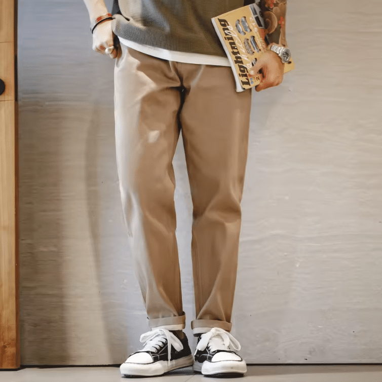 Pantalon homme beige coupe décontractée vintage 100 % coton (12)