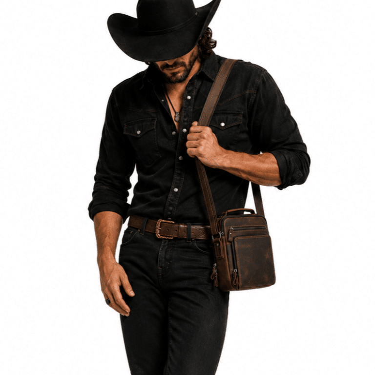 Sacoche Bandoulière Homme en Cuir Brut Marron Style Western (6)