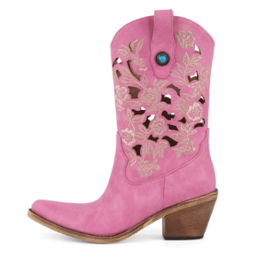 Santiag rose western femme cuir vegan à broderies florales ajourées