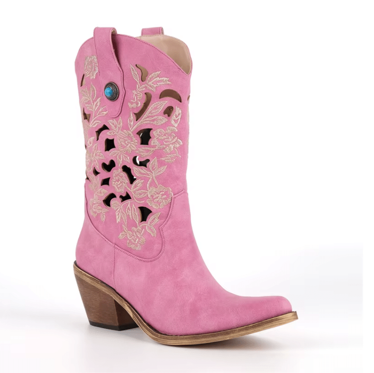 Santiag rose western femme cuir vegan à broderies florales ajourées (4)