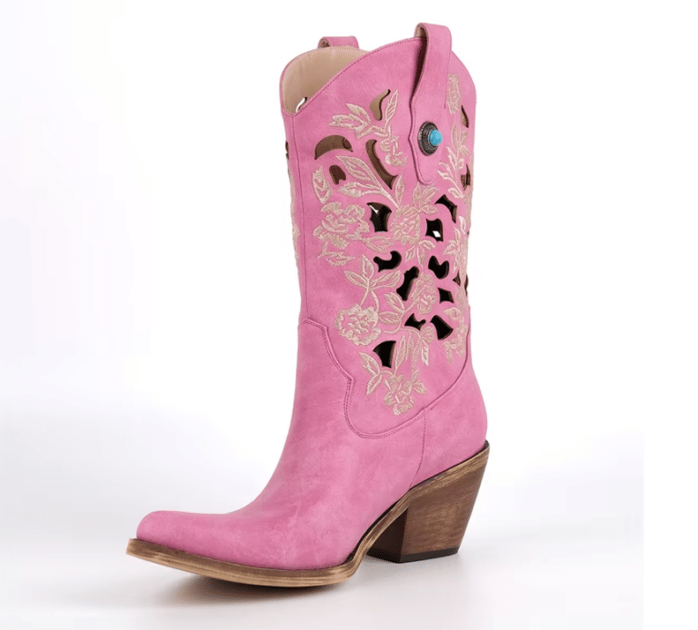 Santiag rose western femme cuir vegan à broderies florales ajourées (5)