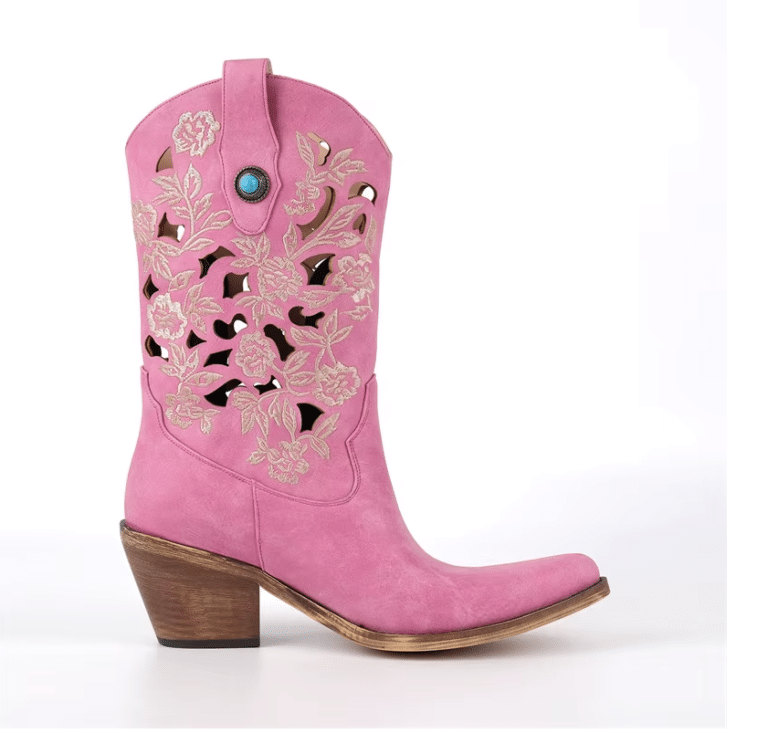 Santiag rose western femme cuir vegan à broderies florales ajourées (6)