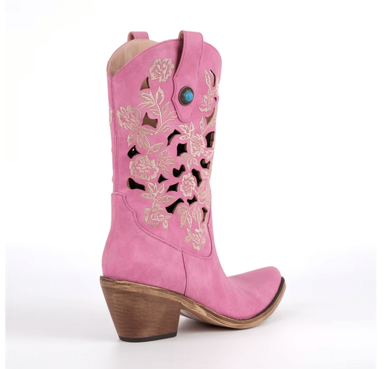 Santiag rose western femme cuir vegan à broderies florales ajourées (7)