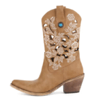 Santiag western femme cuir vegan camel à broderies florales ajourées