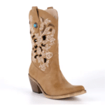 Santiag western femme cuir vegan camel à broderies florales ajourées (3)
