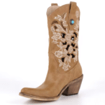 Santiag western femme cuir vegan camel à broderies florales ajourées (4)