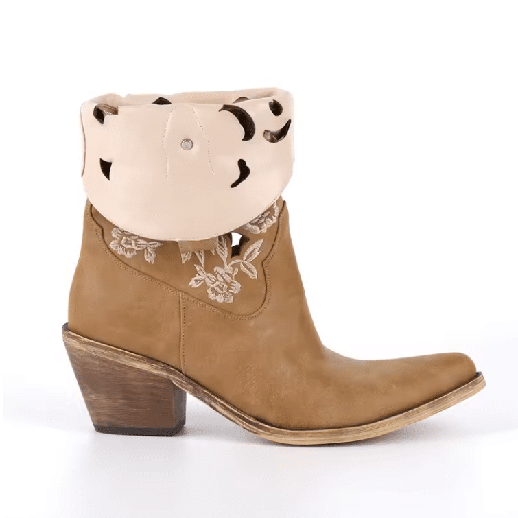Santiag western femme cuir vegan camel à broderies florales ajourées (5)