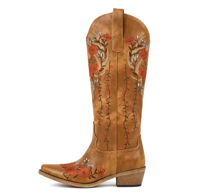 Santiag western florale terracotta brodée camel à tige haute (1)