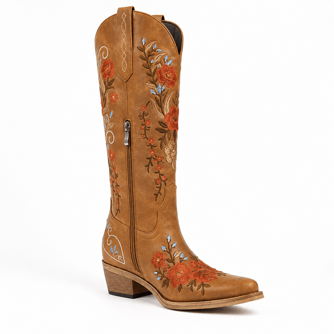Santiag western florale terracotta brodée camel à tige haute (2)