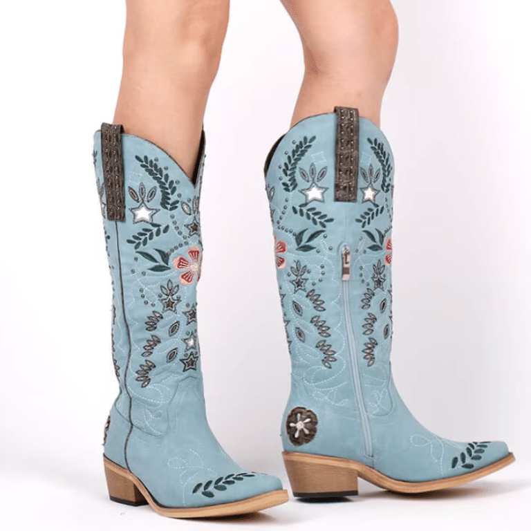 Santiags western femme bleu ciel prairie brodée (4)