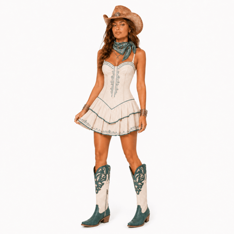 Santiags western femme vert émeraude et crème (9)