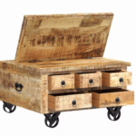 Table basse coffre western aspect bois massif sur roulettes industrielles (1)