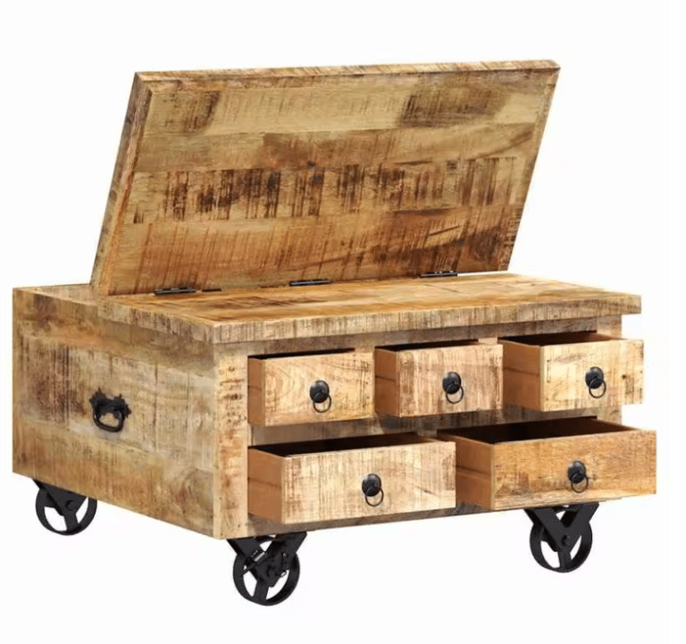 Table basse coffre western aspect bois massif sur roulettes industrielles (1)