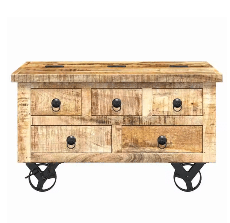 Table basse coffre western aspect bois massif sur roulettes industrielles (2)