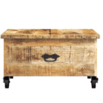 Table basse coffre western aspect bois massif sur roulettes industrielles (3)