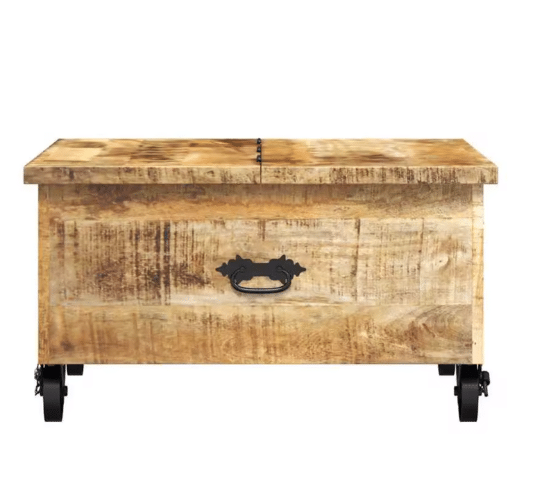 Table basse coffre western aspect bois massif sur roulettes industrielles (3)