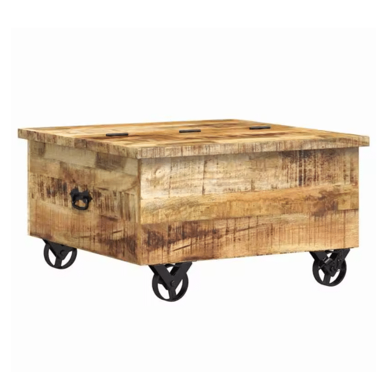 Table basse coffre western aspect bois massif sur roulettes industrielles (4)