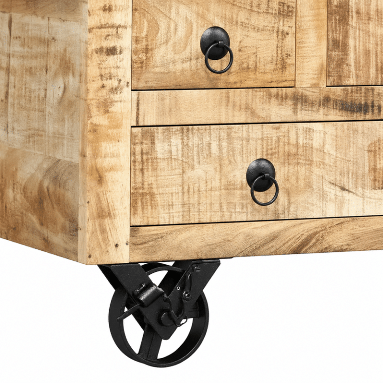 Table basse coffre western aspect bois massif sur roulettes industrielles (6)