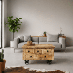 Table basse coffre western aspect bois massif sur roulettes industrielles (7)