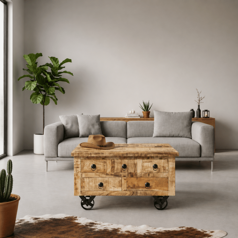 Table basse coffre western aspect bois massif sur roulettes industrielles (7)