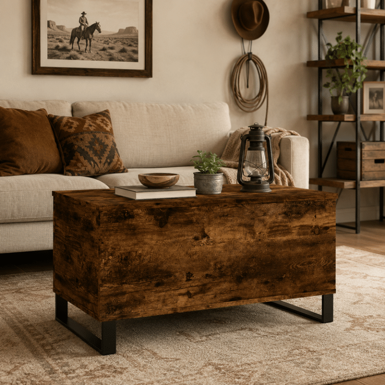 Table basse en chêne massif vintage avec coffre de rangement (3)