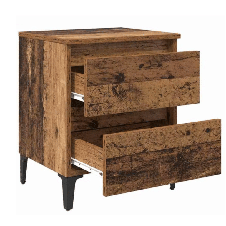 Table de chevet effet bois massif vintage à 2 tiroirs style western (9)