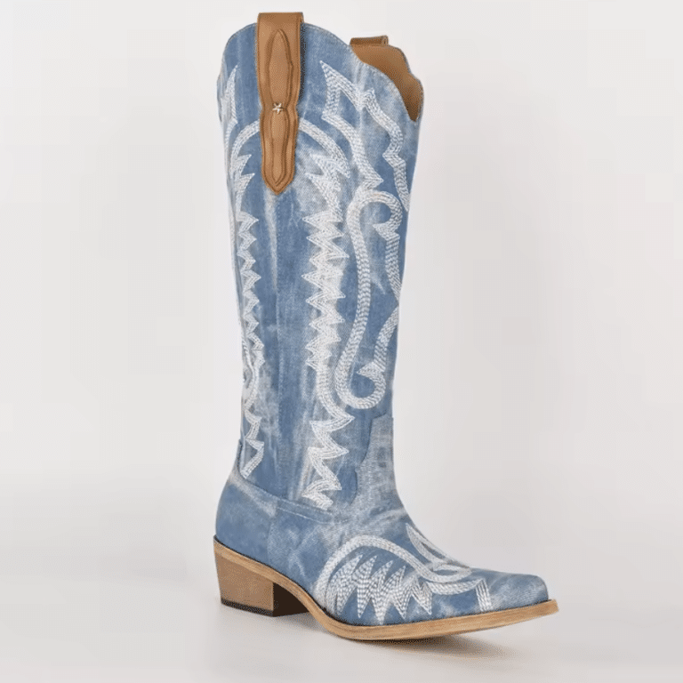 bottes western femme bleu denim brodé (1)