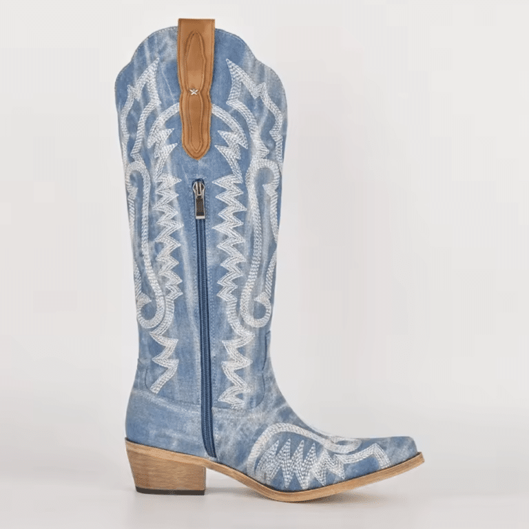 bottes western femme bleu denim brodé (7)