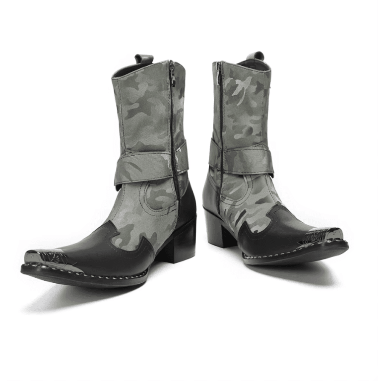 bottines western homme cuir gris camo bout carré ferré (1)