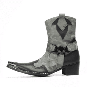 Bottines western homme cuir gris camo bout carré ferré