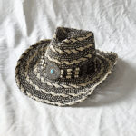 chapeau cowboy noir beige paille tressée médaillon turquoise (2)