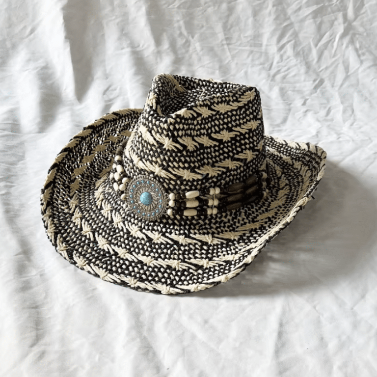 chapeau cowboy noir beige paille tressée médaillon turquoise (2)