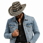 chapeau cowboy noir beige paille tressée médaillon turquoise (6)