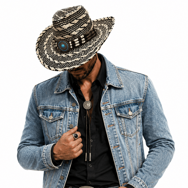 chapeau cowboy noir beige paille tressée médaillon turquoise (6)