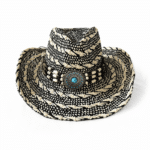 chapeau cowboy noir beige paille tressée médaillon turquoise (7)